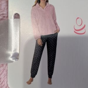 Pink Fleece Pajama Set with Black Polka Dot Pants